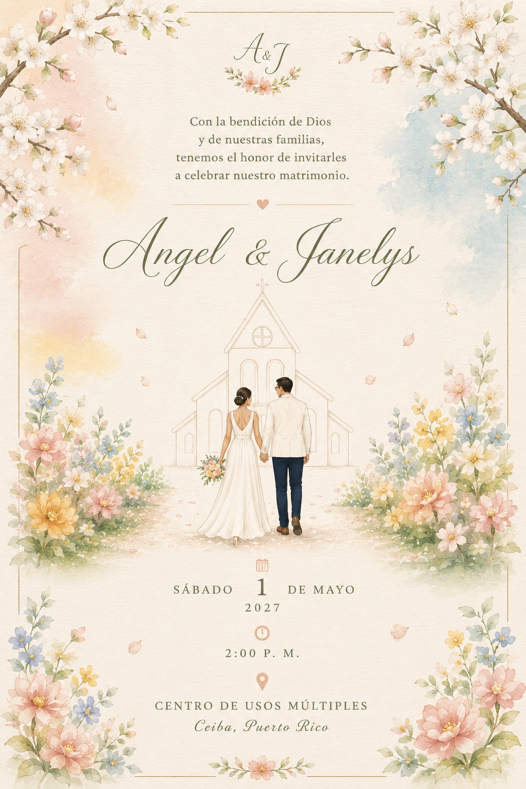 Invitación de boda de Angel y Janelys con fecha, hora y lugar